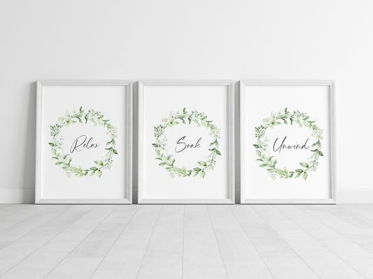 Set of 3 bathroom prints relax soak unwind eucalyptus plant wreath set wall art poster unframed prints