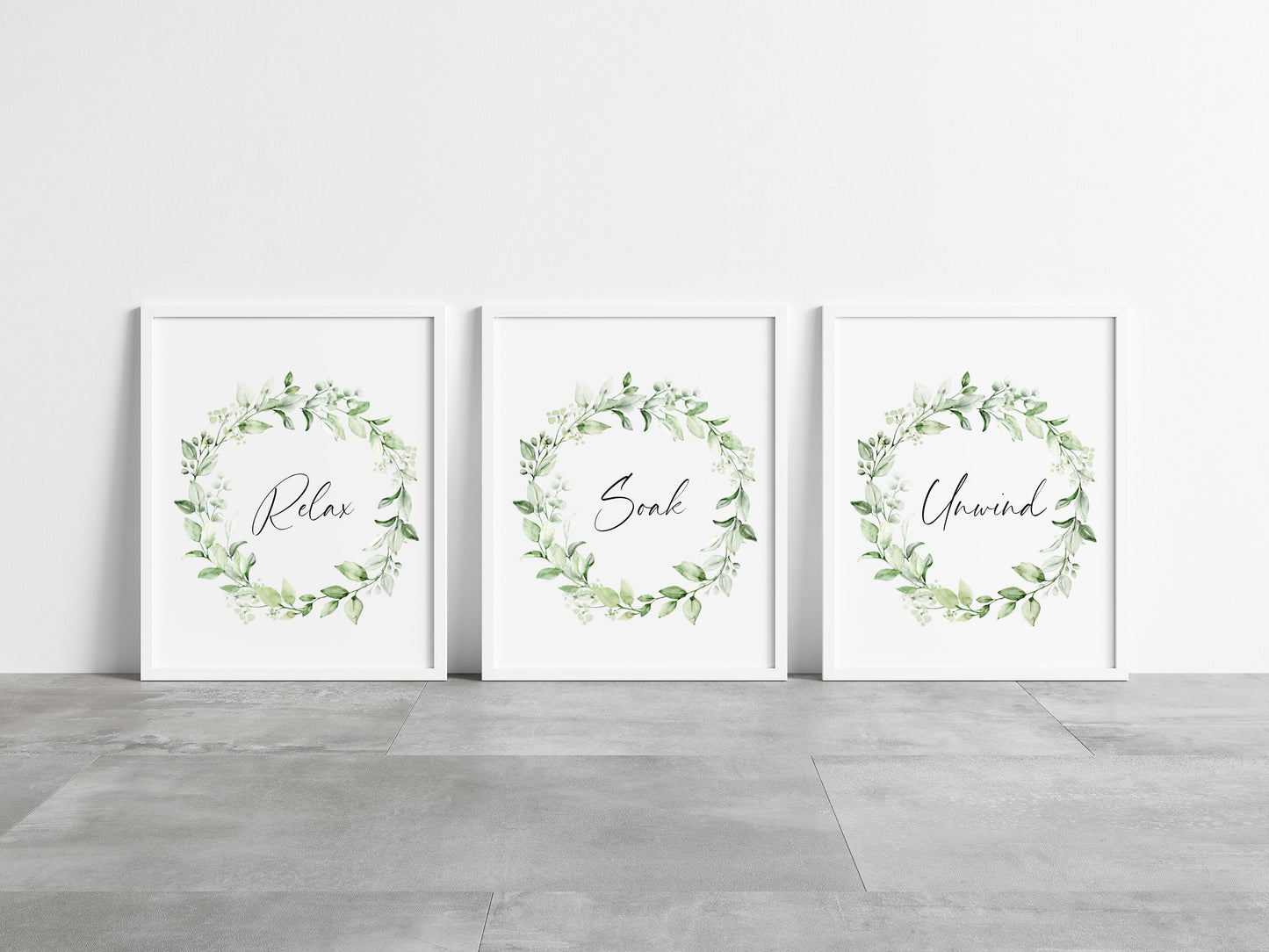Set of 3 bathroom prints relax soak unwind eucalyptus plant wreath set wall art poster unframed prints