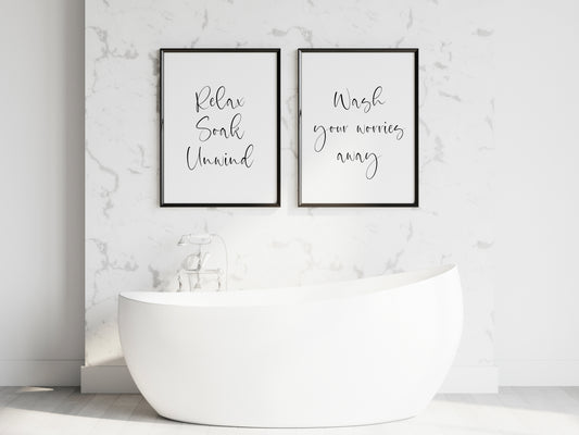 Set of 2 bathroom prints, relax soak unwind wash your worries away toilet unframed wall art poster prints