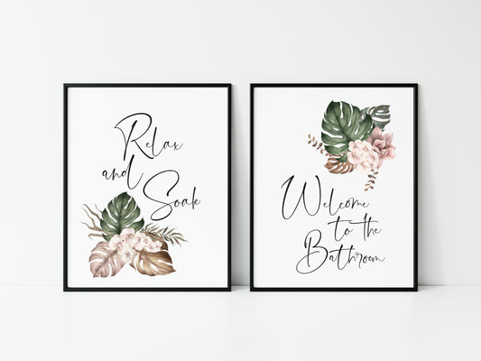 Set of 2 bathroom prints, relax and soak welcome to the bathroom boho bouquet unframed wall art poster prints