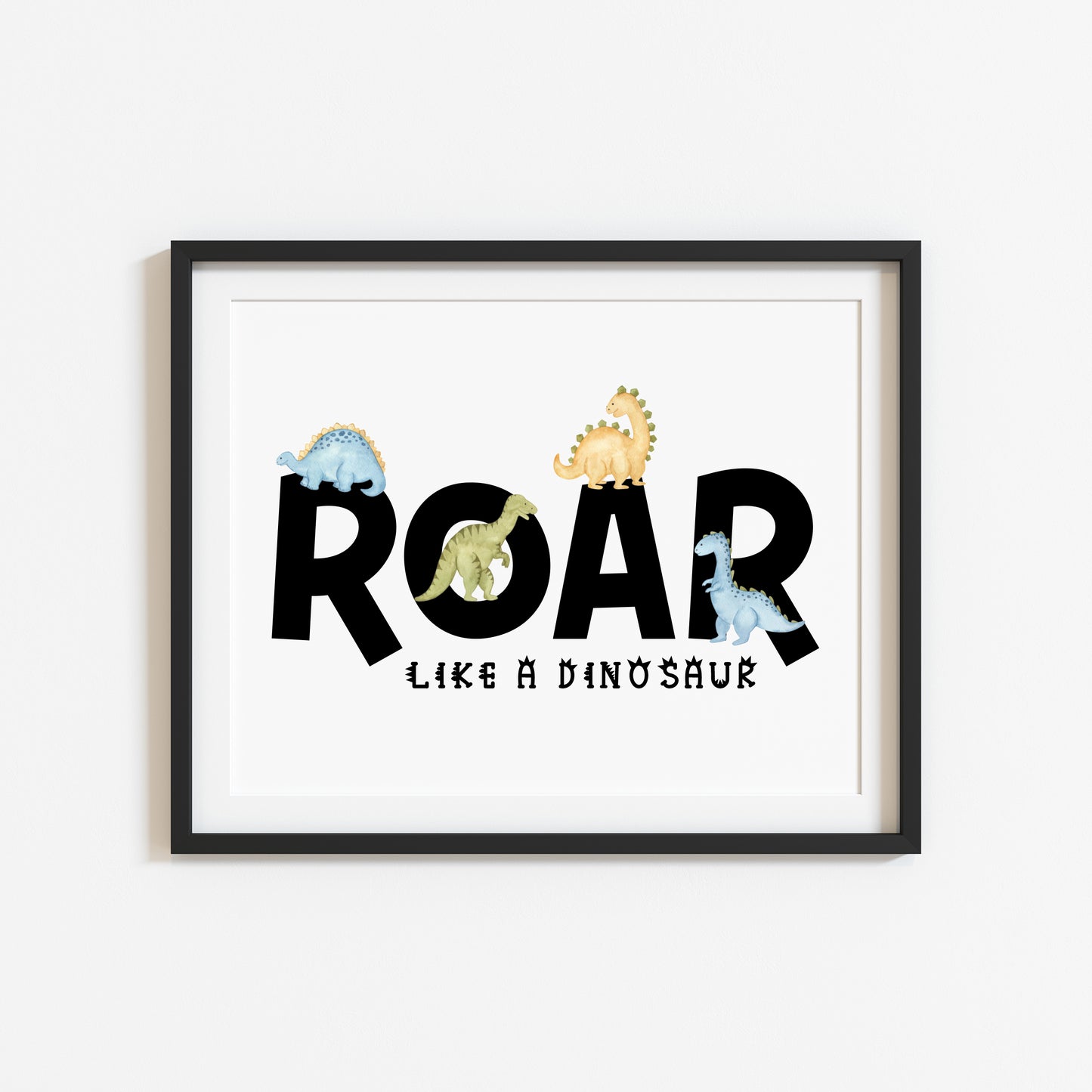 Roar Black dinosaur blue and green boys girls dinosaur watercolour bedroom unframed wall art poster print