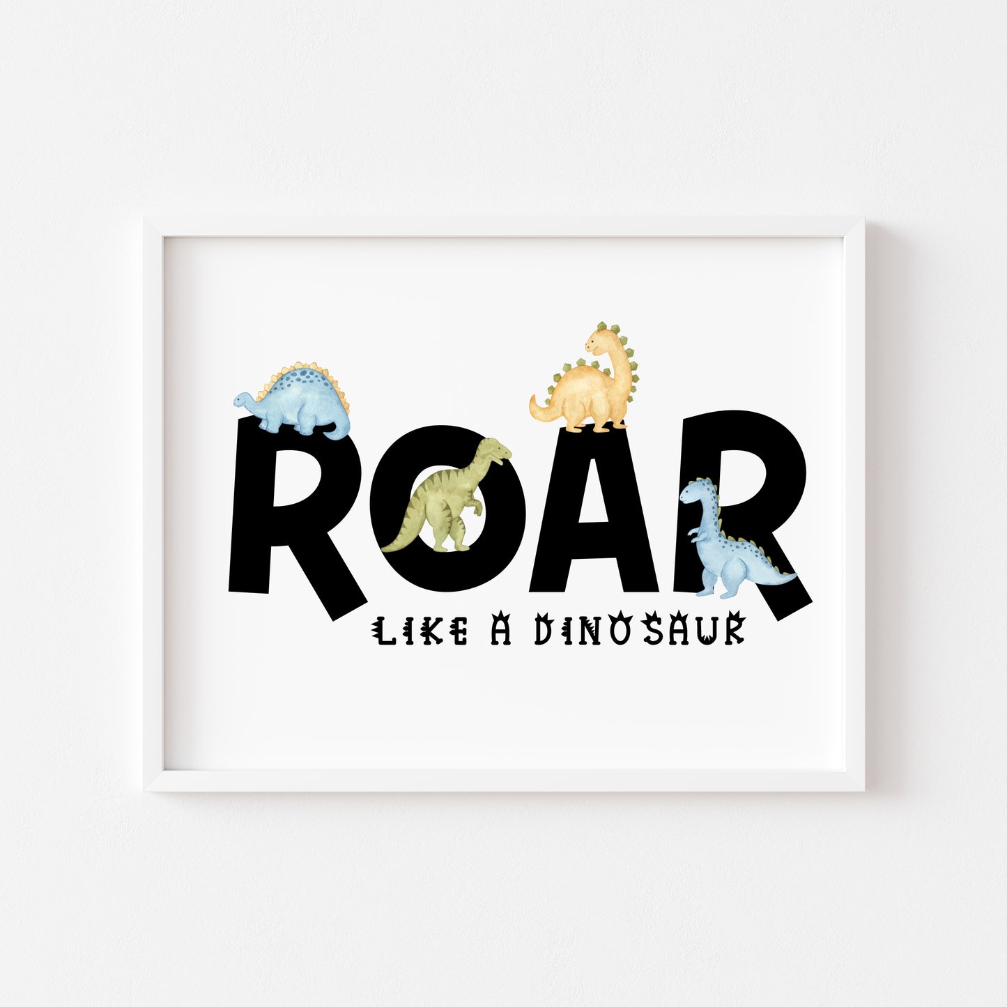 Roar Black dinosaur blue and green boys girls dinosaur watercolour bedroom unframed wall art poster print