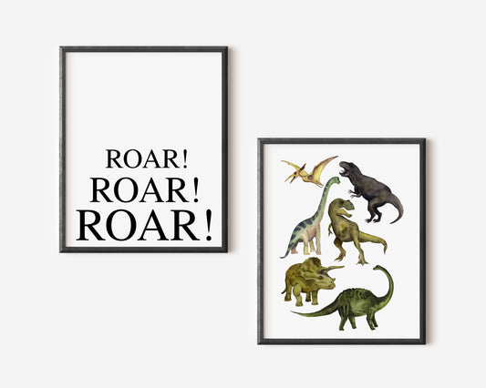 Set of 2 dinosaur, Roar roar roar watercolour dino themed children's kids unframed wall art poster prints