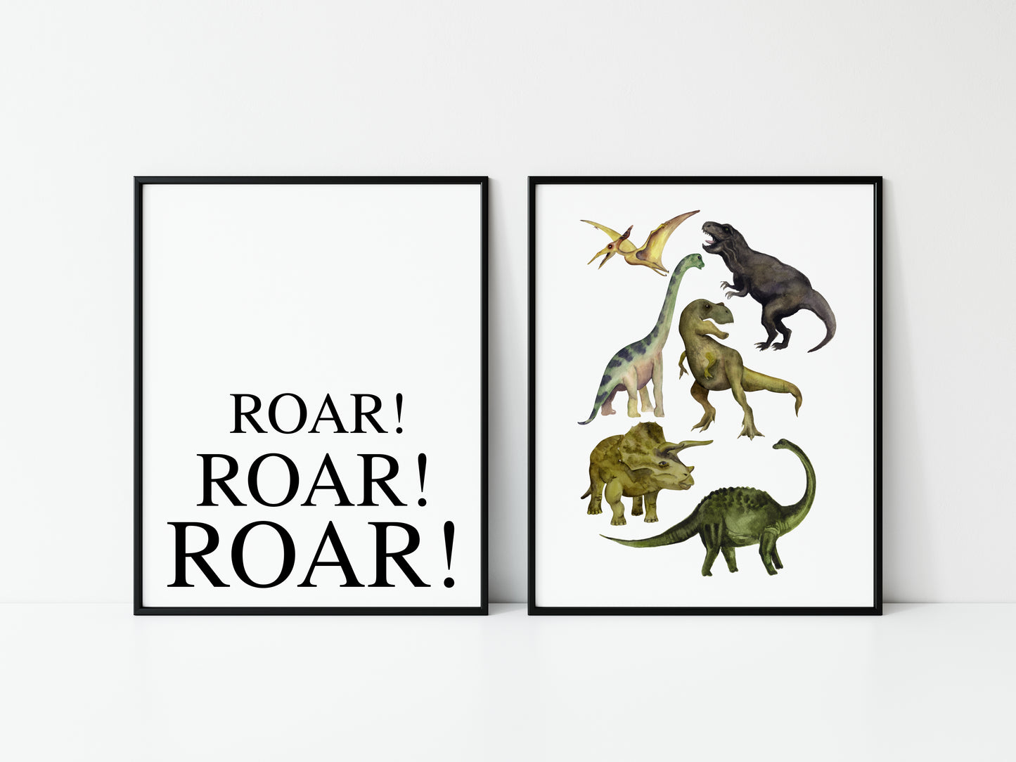 Set of 2 dinosaur, Roar roar roar watercolour dino themed children's kids unframed wall art poster prints