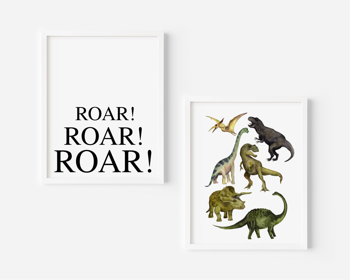 Set of 2 dinosaur, Roar roar roar watercolour dino themed children's kids unframed wall art poster prints