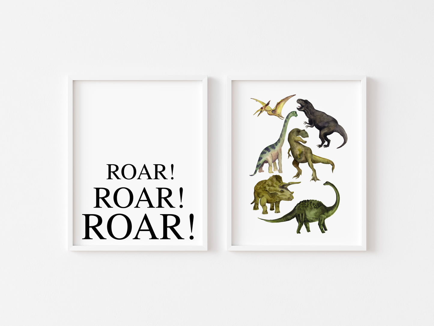 Set of 2 dinosaur, Roar roar roar watercolour dino themed children's kids unframed wall art poster prints