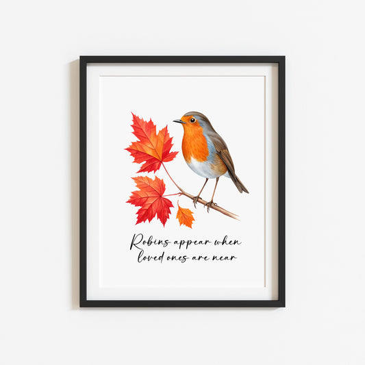 Robin Autumn Christmas Print Watercolour Red leaves Art unframed wall art poster