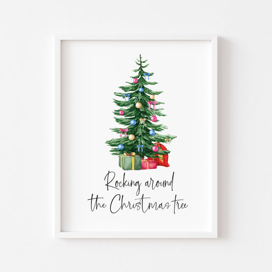 Rocking around the Christmas Tree watercolour Christmas tree illustration seasonal unframed wall art poster print