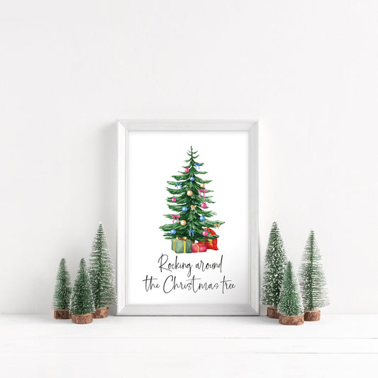 Rocking around the Christmas Tree watercolour Christmas tree illustration seasonal unframed wall art poster print