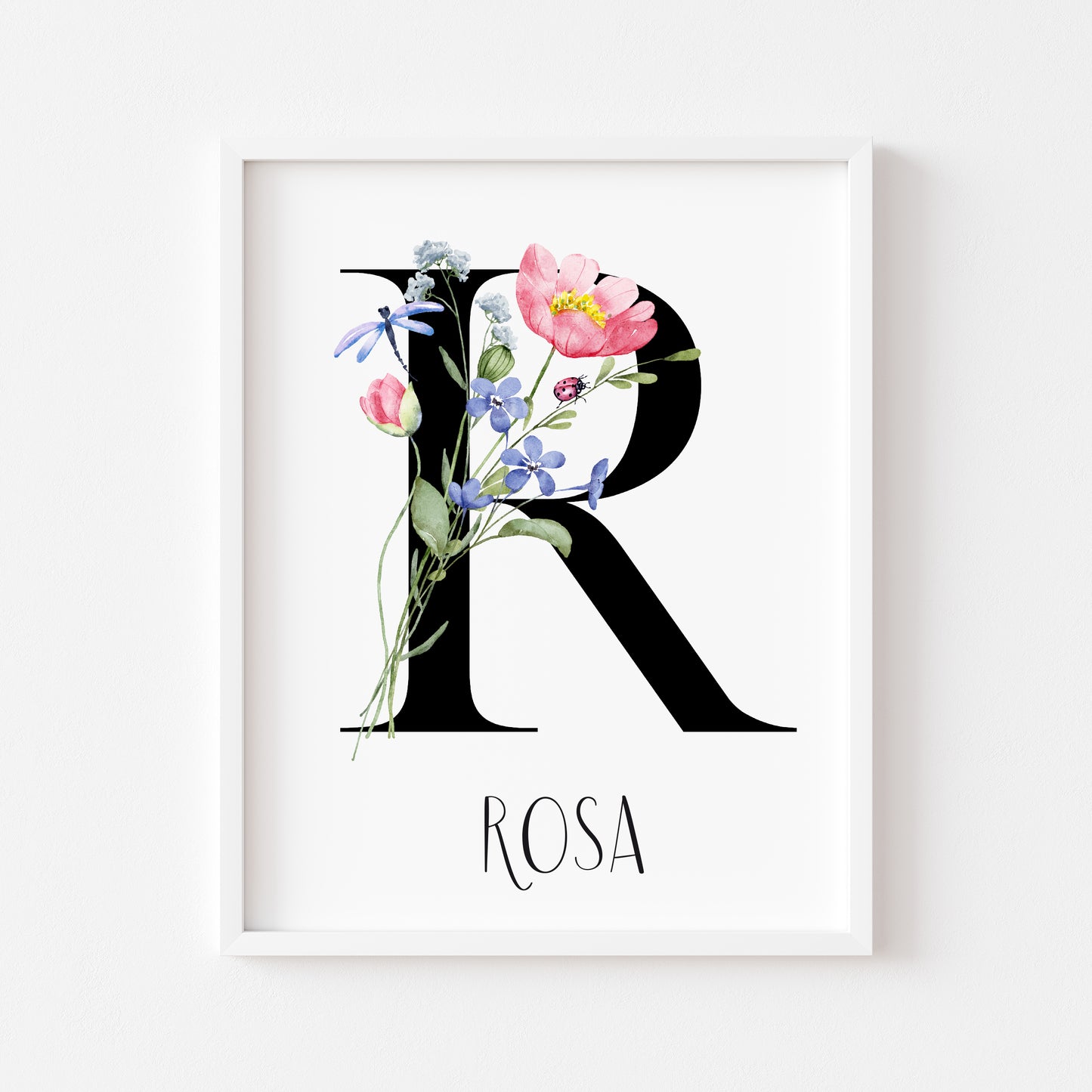 Personalised initial name print, watercolour wildflower floral initial illustration nursery unframed print