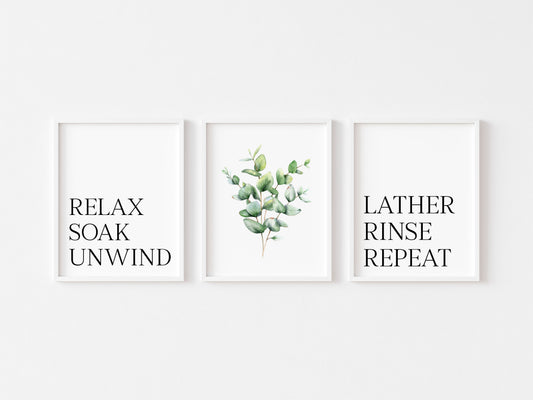 Set of 3 bathroom prints relax soak unwind lather rinse repeat botanical plant bouquet bathroom washroom unframed wall art bathroom prints