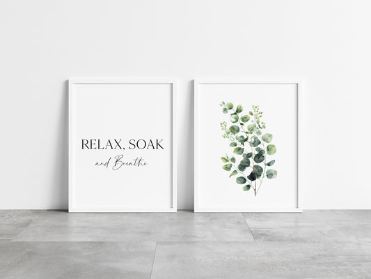 Set of 2 bathroom prints, Relax soak & breathe eucalyptus bouquet unframed wall art poster prints