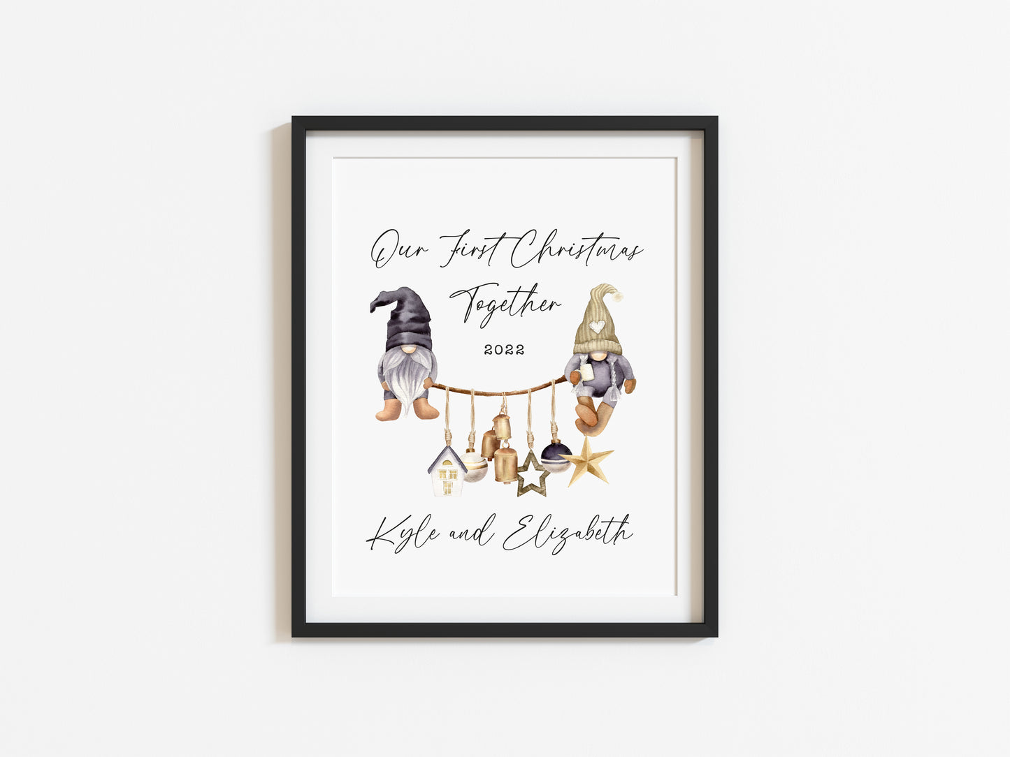 Our first Christmas together watercolour scandi decorations and gnome/gonk xmas illustration seasonal wall art poster print