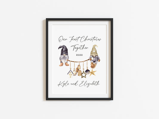 Our first Christmas together watercolour scandi decorations and gnome/gonk xmas illustration seasonal wall art poster print