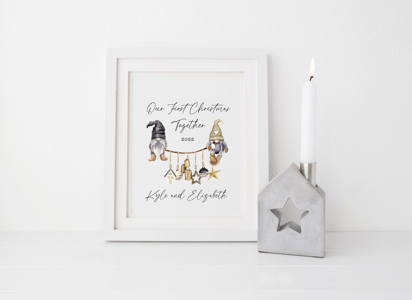 Our first Christmas together watercolour scandi decorations and gnome/gonk xmas illustration seasonal wall art poster print
