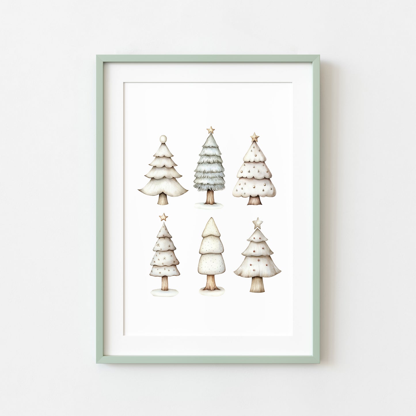 Christmas print, Scandi green beige Xmas trees Christmas Decor (Unframed)