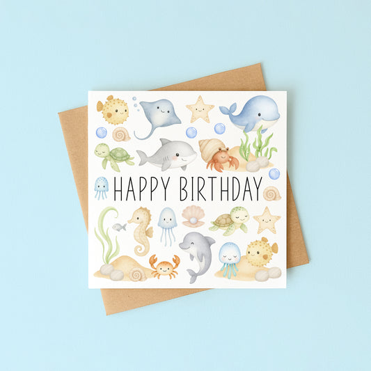 Ocean sea life Birthday card kids soft pastel Watercolour animals Design with Kraft Envelope