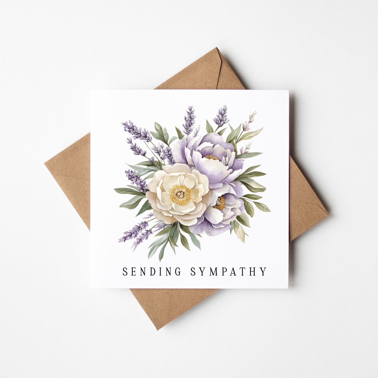 Sympathy Card, purple green muted floral bouquet sending sympathy with Kraft Envelope