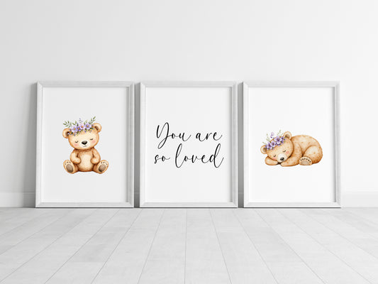 Woodland bear Nursery Prints Set Pink Purple bears you are so loved Girls Room Decor unframed wall art posters