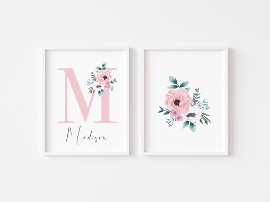 Set of 2 prints, personalised pink initial floral boquet watercolour pictures unframed wall art poster prints