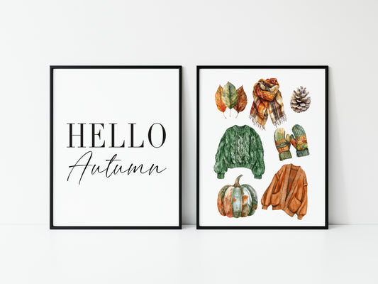 Set of 2 Autumn prints, Hello Autumn, seasonal jumpers foliage fashion unframed wall art poster prints, seasonal decor, Autumn wall art set