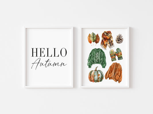 Set of 2 Autumn prints, Hello Autumn, seasonal jumpers foliage fashion unframed wall art poster prints, seasonal decor, Autumn wall art set
