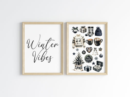 Christmas prints, set of 2, winter vibes Art Print Black monochrome Decor (unframed)