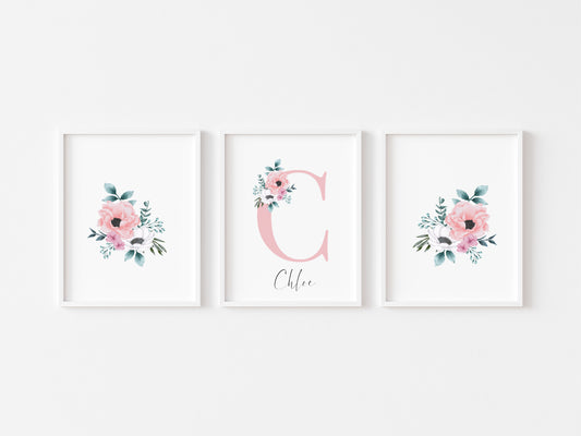 Set of 3 personalised name initial floral bedroom girls set of unframed wall art poster prints