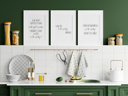 Set of 3 kitchen prints, funny fridge snack quotes kitchen unframed wall art poster prints