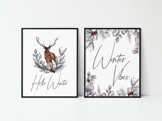 Set of 2 Winter Vibes, Hello Winter foliage stag Christmas seasonal unframed wall art poster prints