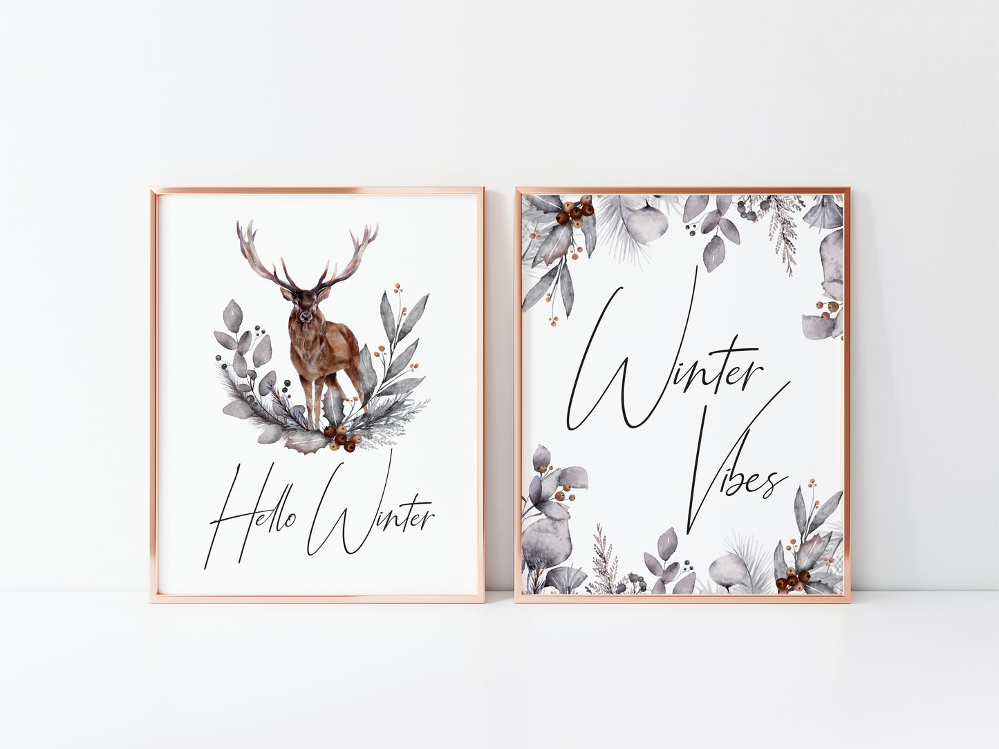 Set of 2 Winter Vibes, Hello Winter foliage stag Christmas seasonal unframed wall art poster prints