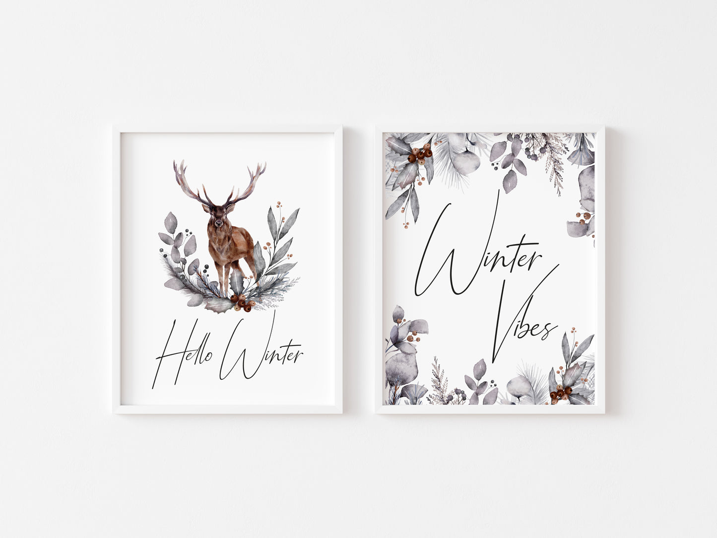 Set of 2 Winter Vibes, Hello Winter foliage stag Christmas seasonal unframed wall art poster prints