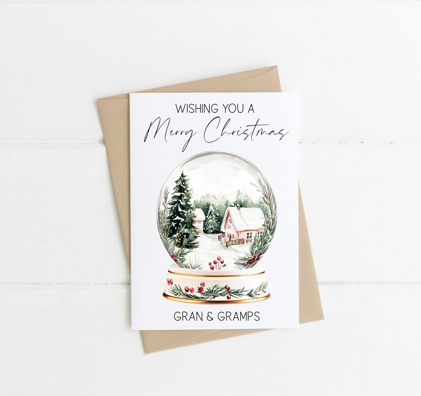 Christmas card wishing you a Merry Christmas pretty snow globe mum dad nan grandad personalised with names envelope,kraft brown or white
