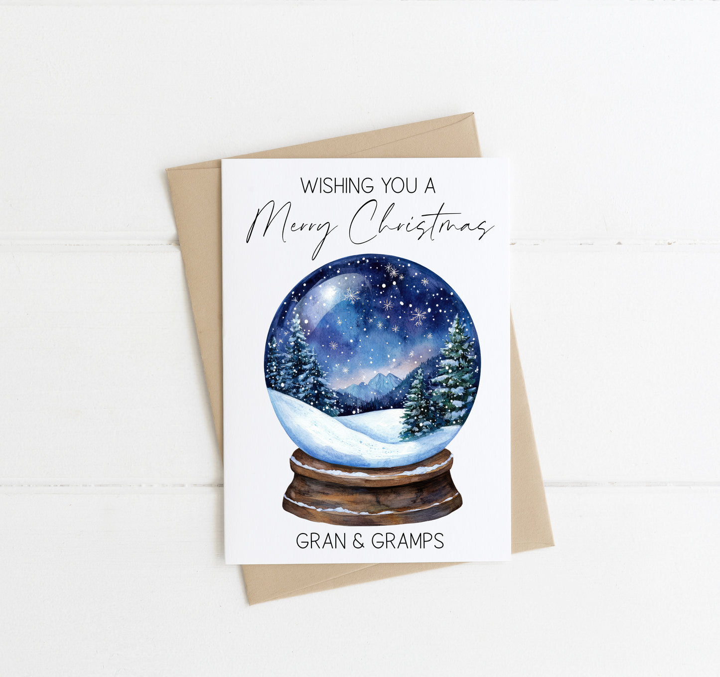 Christmas card wishing you a Merry Christmas cute blue snow globe mum dad nan grandad personalised with names envelope,kraft brown or white