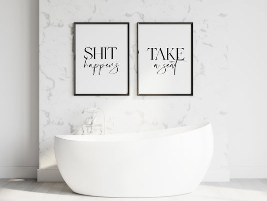 Set of 2 bathroom prints, Shit happens, take a seat funny unframed wall art poster prints