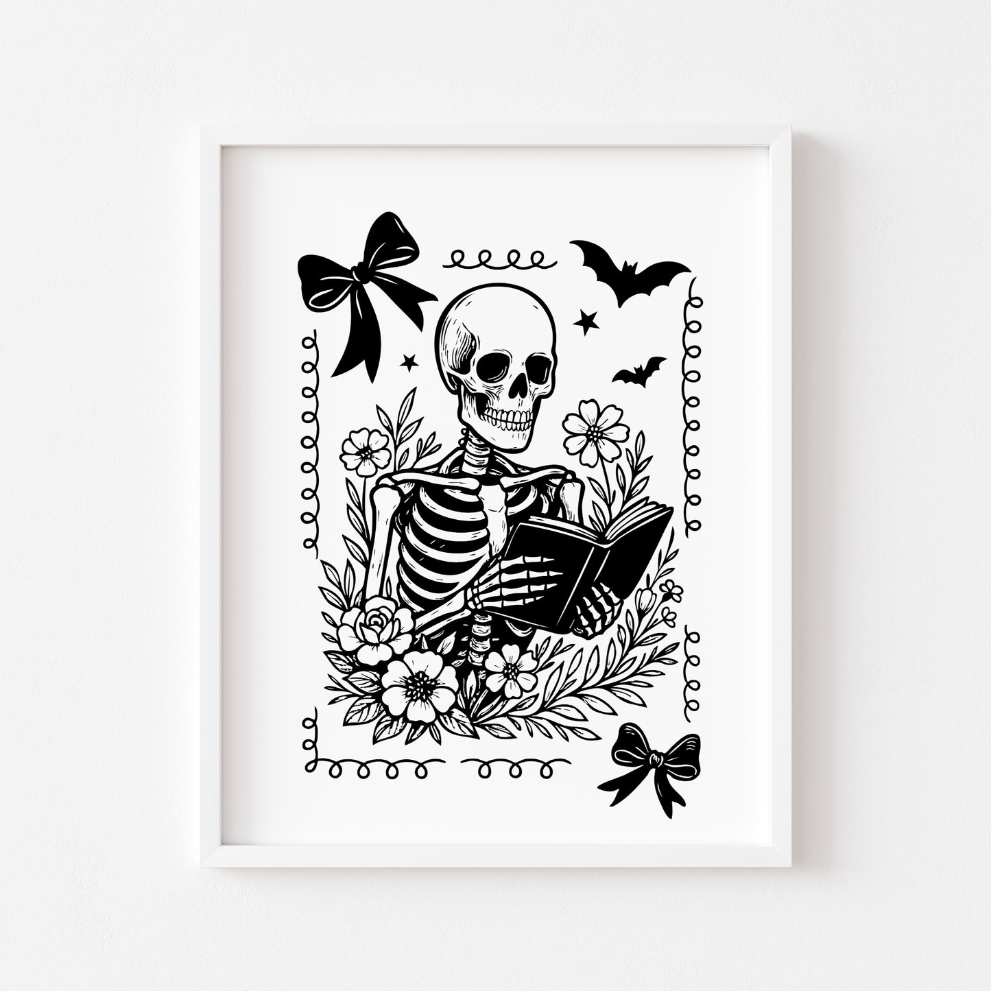 Halloween prints, spooky monochrome black & white ghost skeleton coffee book reading seasonal halloween unframed wall art poster prints