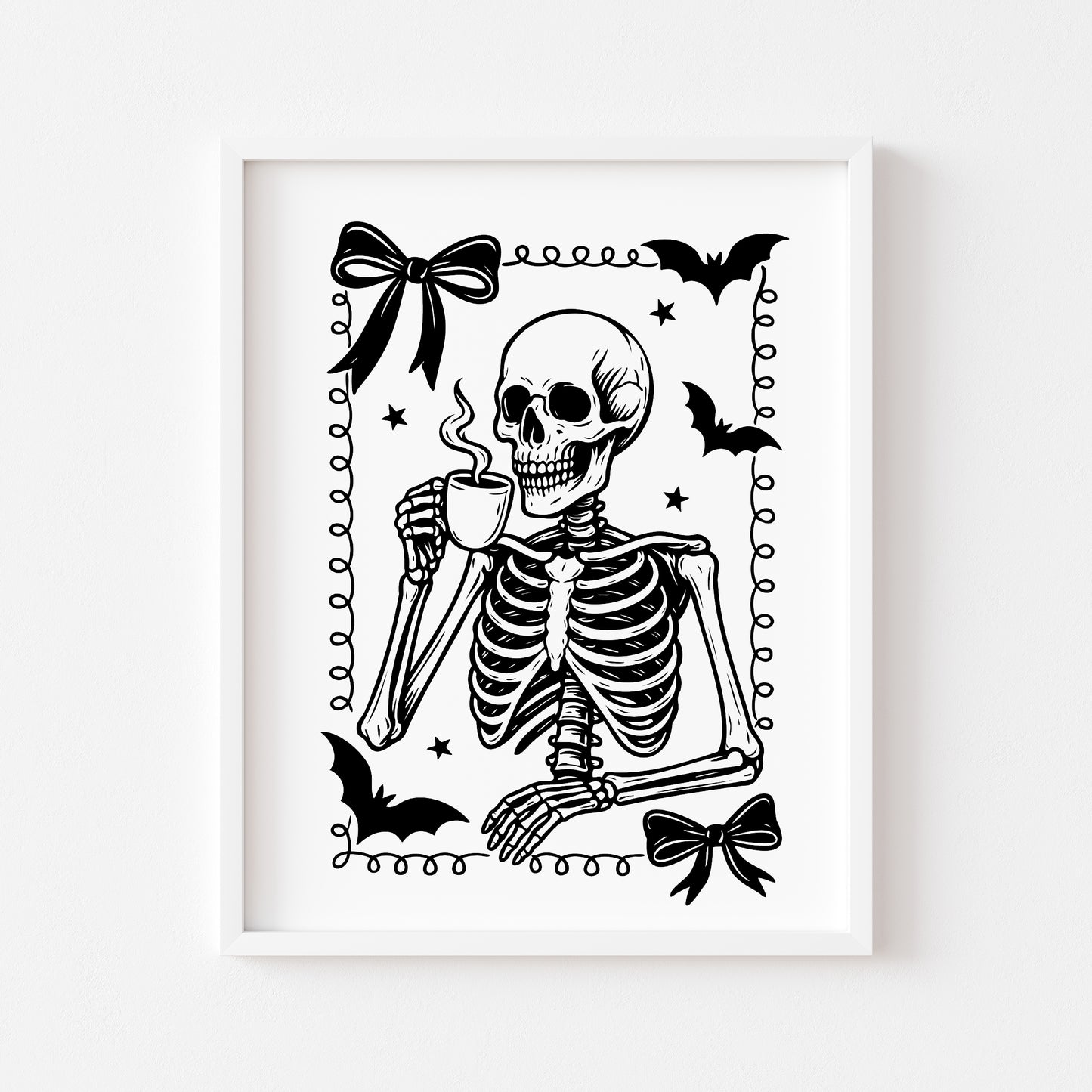 Halloween prints, spooky monochrome black & white ghost skeleton coffee book reading seasonal halloween unframed wall art poster prints