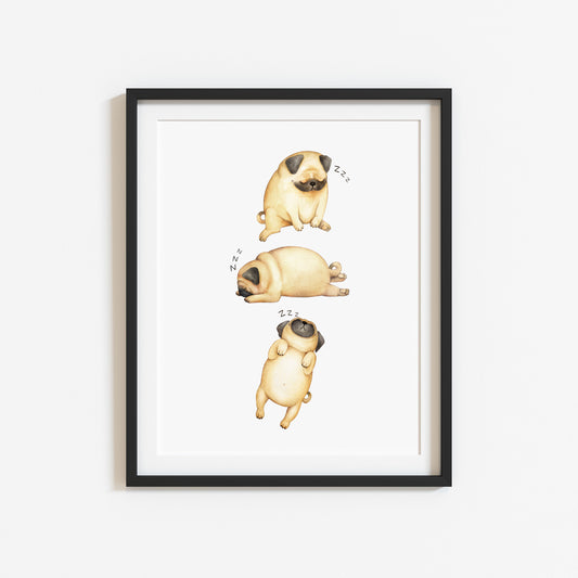 Sleeping Pugs print, zzz sleeping pug dog pet watercolour trio of pugs unframed wall art poster print, personalised dog gifts, gift ideas