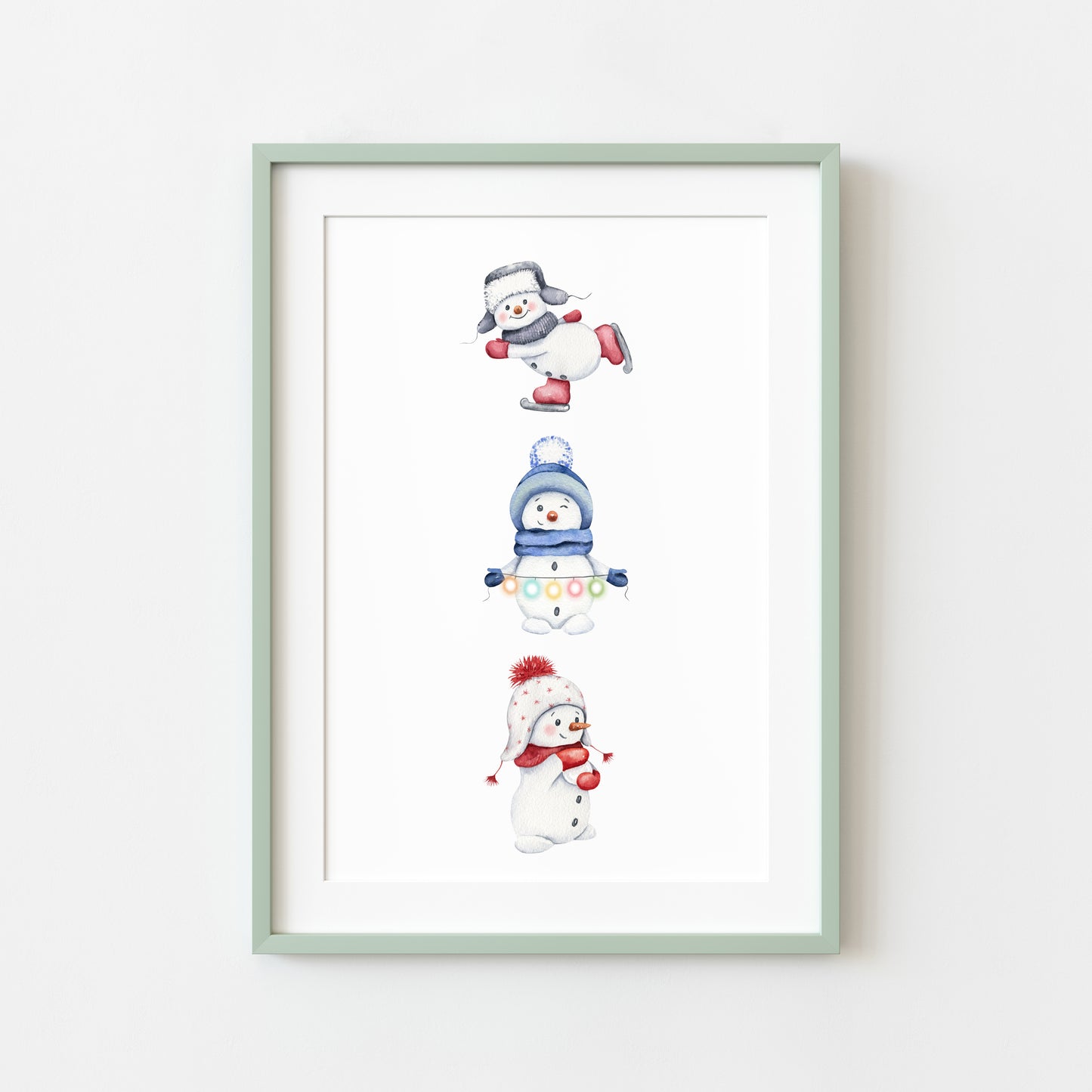 Snowman trio Christmas seasonal snowmen watercolour christmas illustration unframed wall art poster print