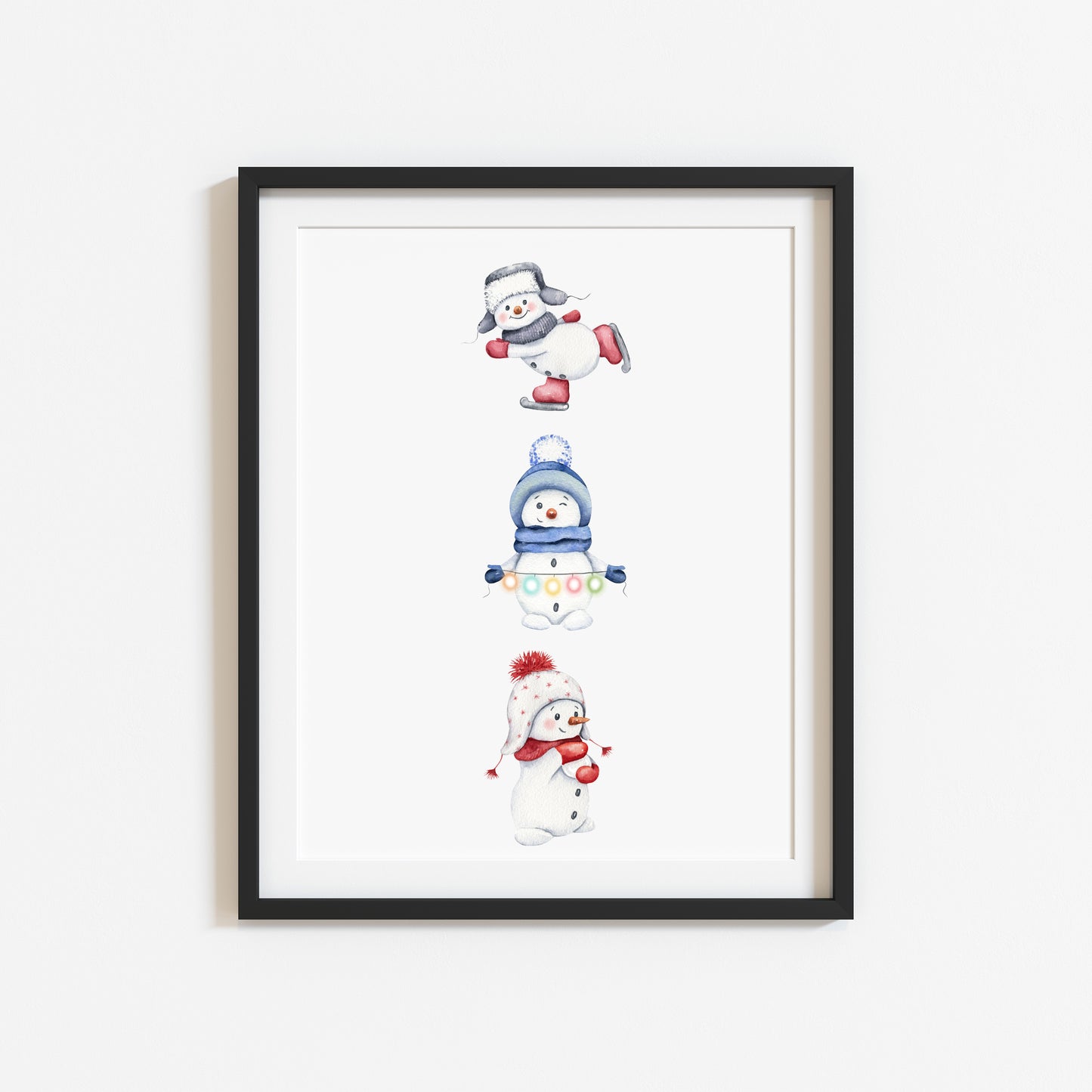 Snowman trio Christmas seasonal snowmen watercolour christmas illustration unframed wall art poster print