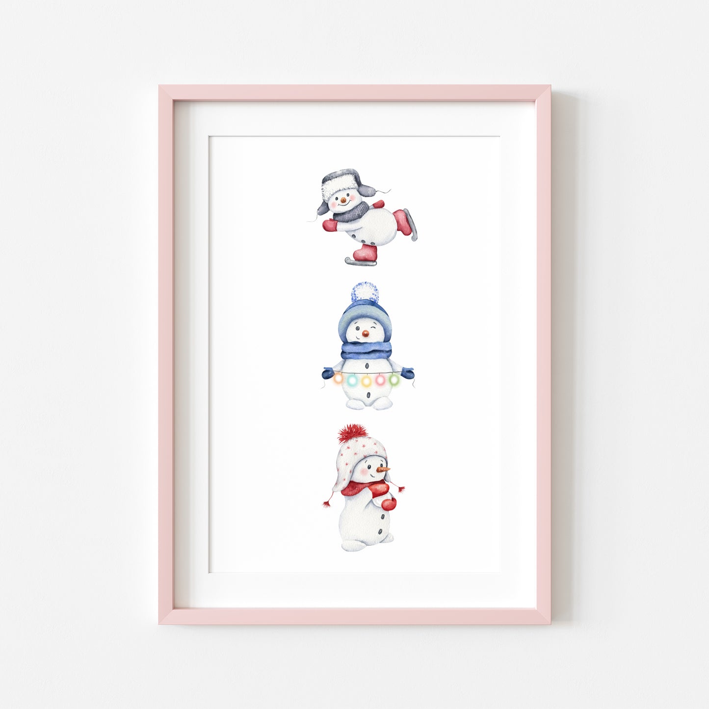 Snowman trio Christmas seasonal snowmen watercolour christmas illustration unframed wall art poster print
