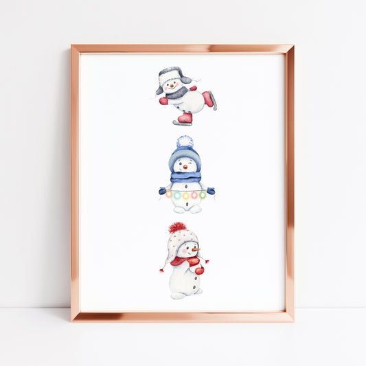 Snowman trio Christmas seasonal snowmen watercolour christmas illustration unframed wall art poster print