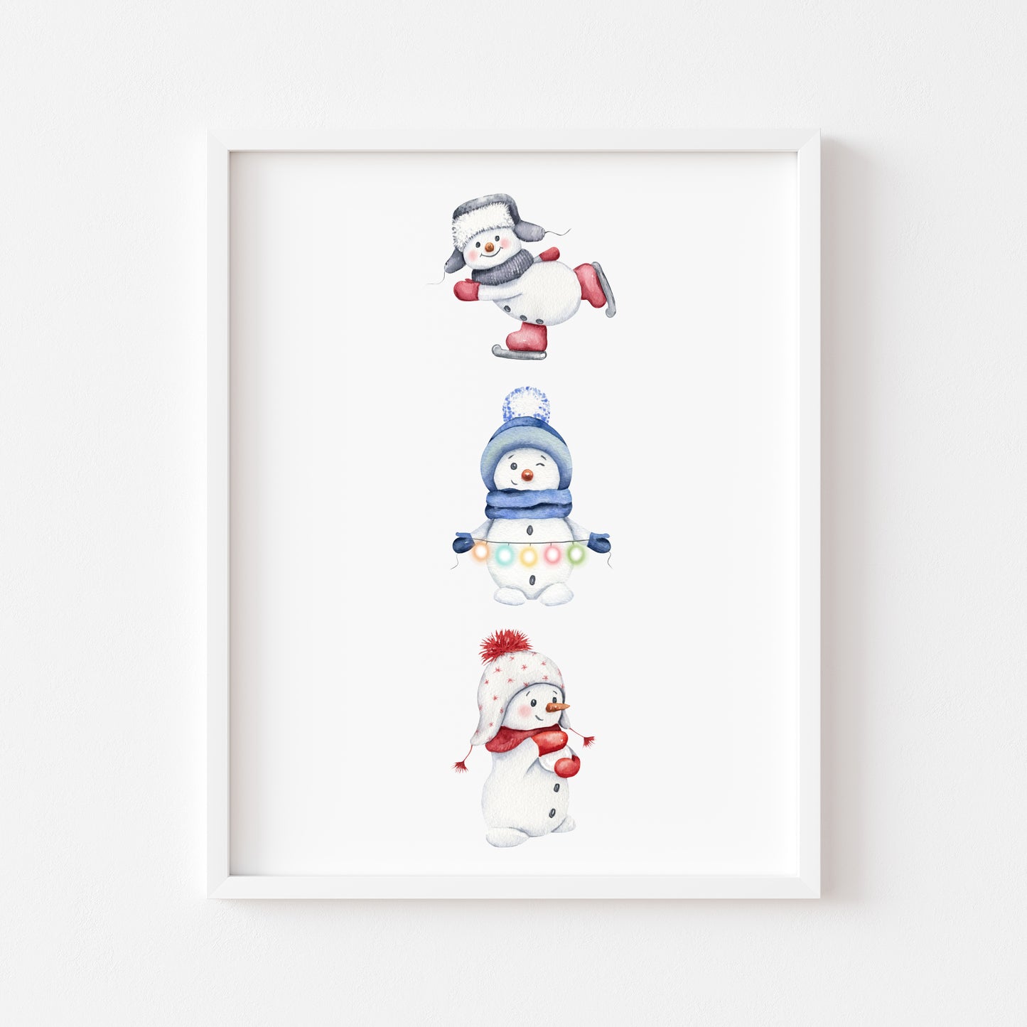 Snowman trio Christmas seasonal snowmen watercolour christmas illustration unframed wall art poster print