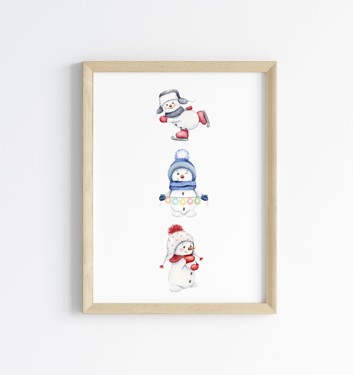 Snowman trio Christmas seasonal snowmen watercolour christmas illustration unframed wall art poster print