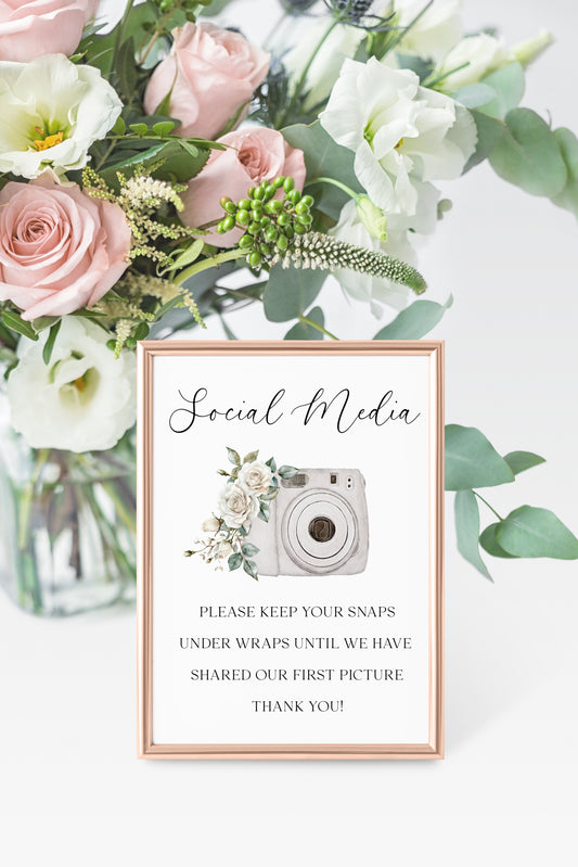 Wedding Social Media Sign grey camera White Roses Botanical unframed print