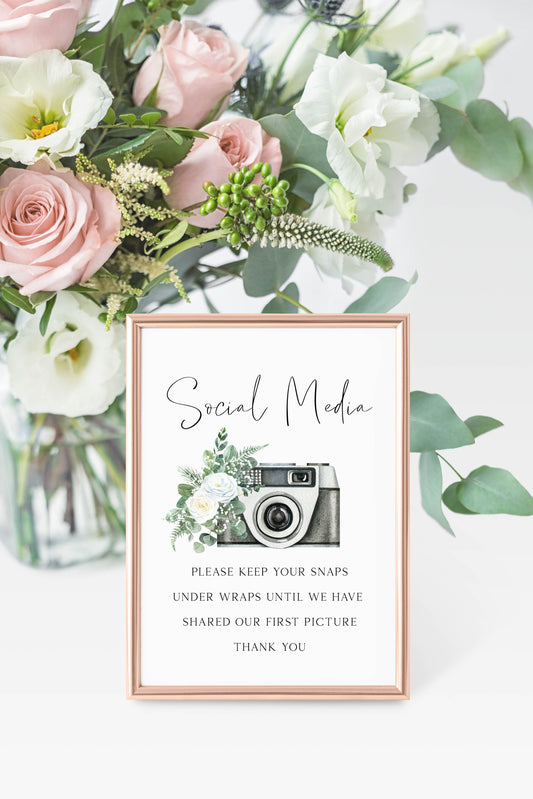 Social media wedding sign, please keep your snaps under wraps, watercolour white rose & eucalyptus photography camera unframed wall art poster print