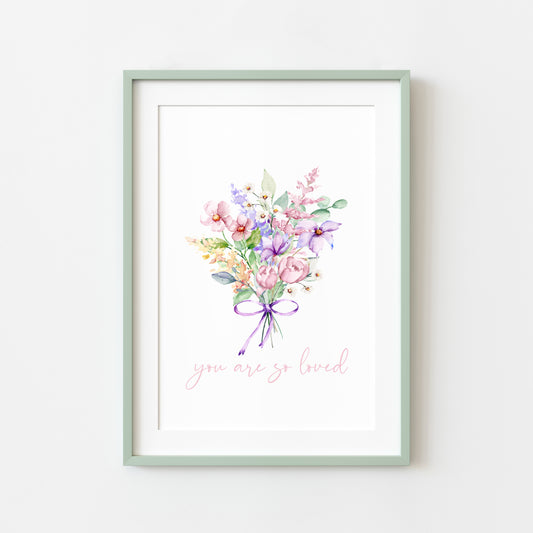 You are so loved purple pink watercolour wildflower bouquet unframed wall art poster print