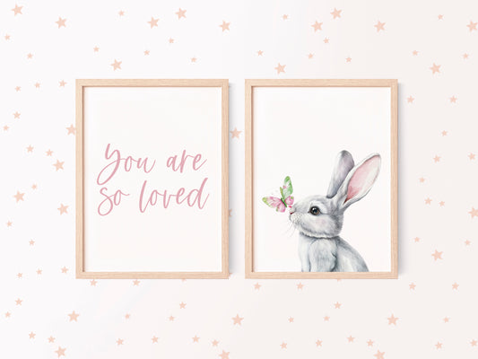 Set of 2 girls nursery bedroom prints, You are so loved bunny rabbit butterfly set of bedroom unframed wall art poster prints, girls decor