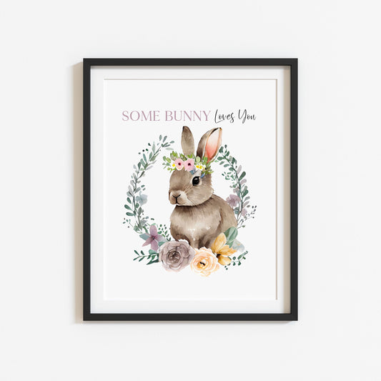 Some Bunny loves you purple watercolour floral wreath and Bunny spring seasonal unframed wall art poster print