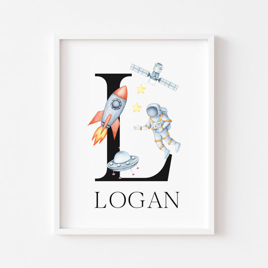 Personalised Space Nursery Name Print, Astronaut Rocket Wall Art (Unframed)